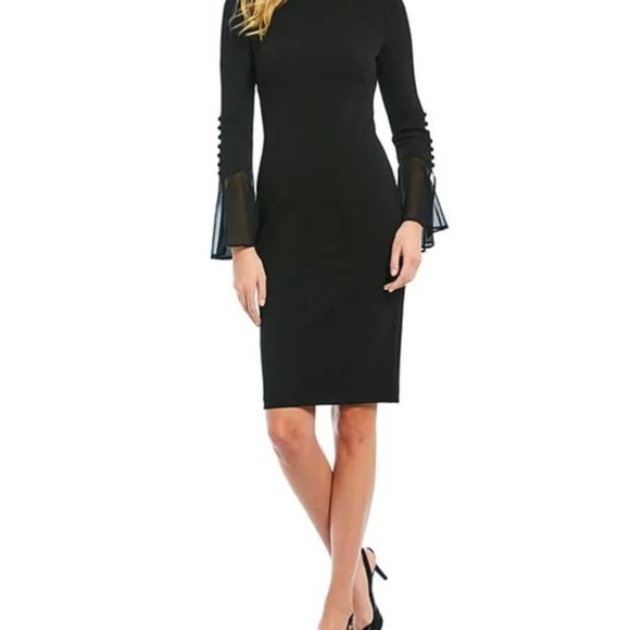 Calvin Klein Dresses & Skirts - Calvin Klein Black Chiffon Long Sheer Bell Sleeve Round Neck Sheath Size 12